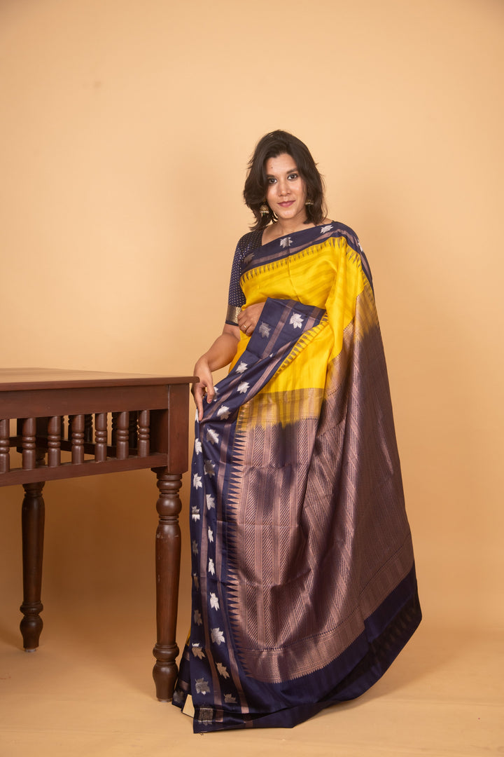Corn yellow and blue silk saree