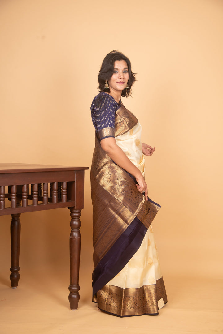 Offwhite and navyblue silk saree