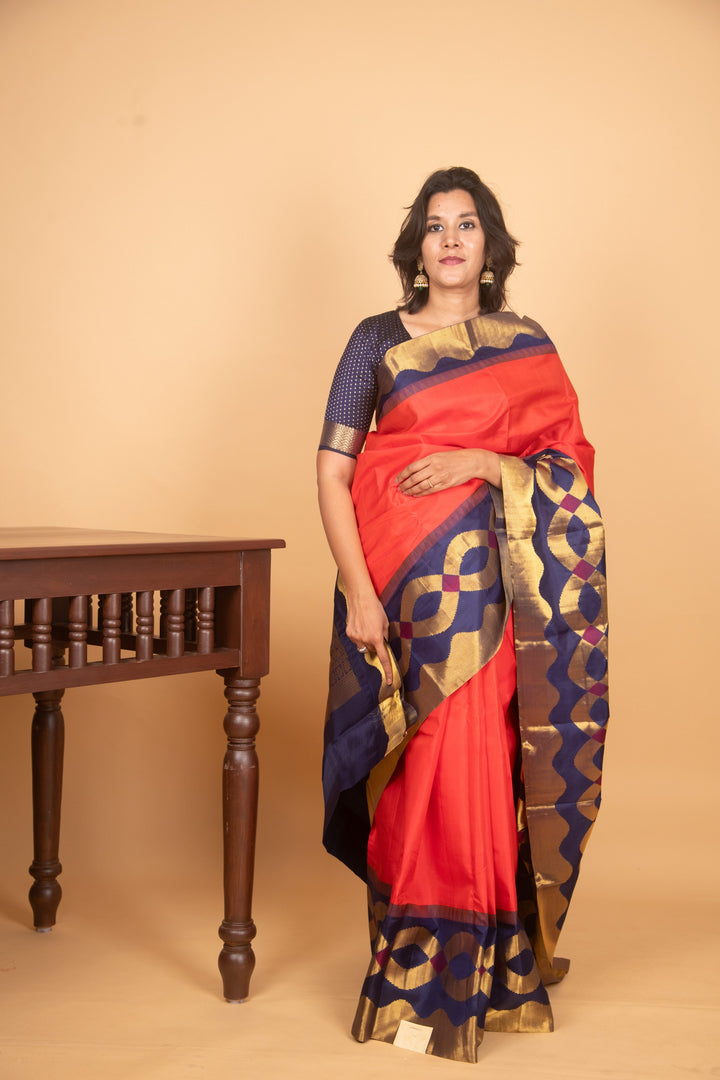 Chilli red and navyblue designer kanjivaram silk saree