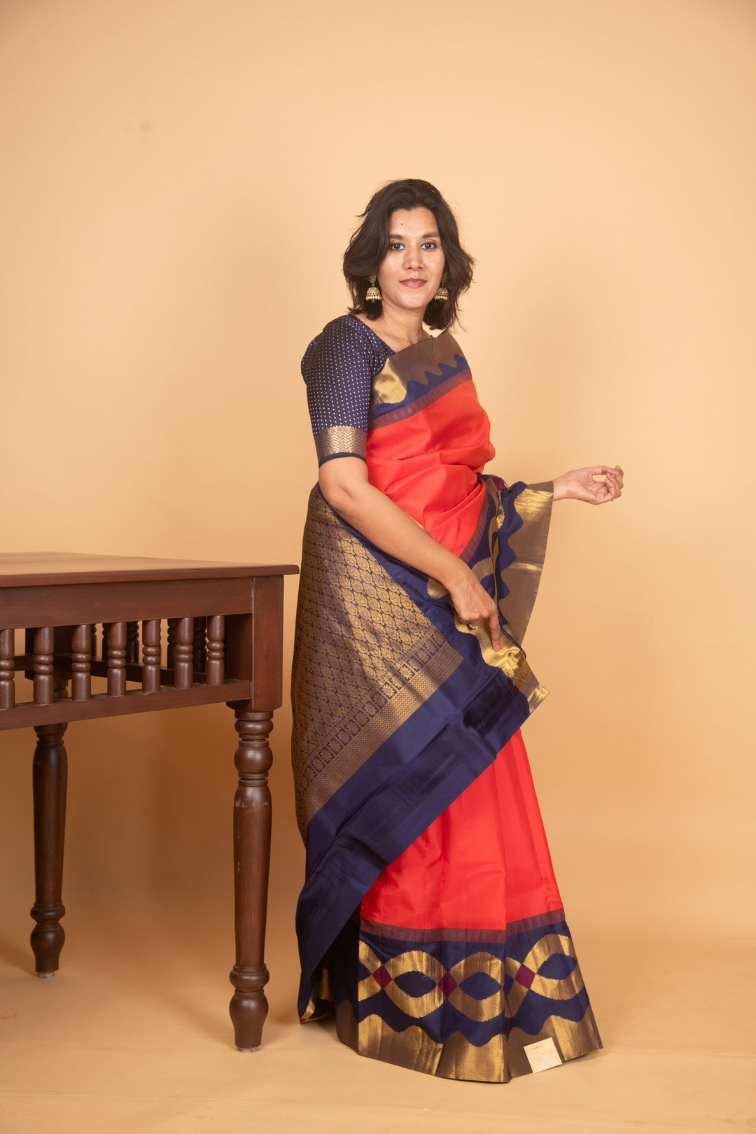 Chilli red and navyblue designer kanjivaram silk saree
