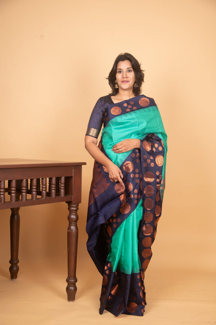 Aqua green and navyblue designer silk saree