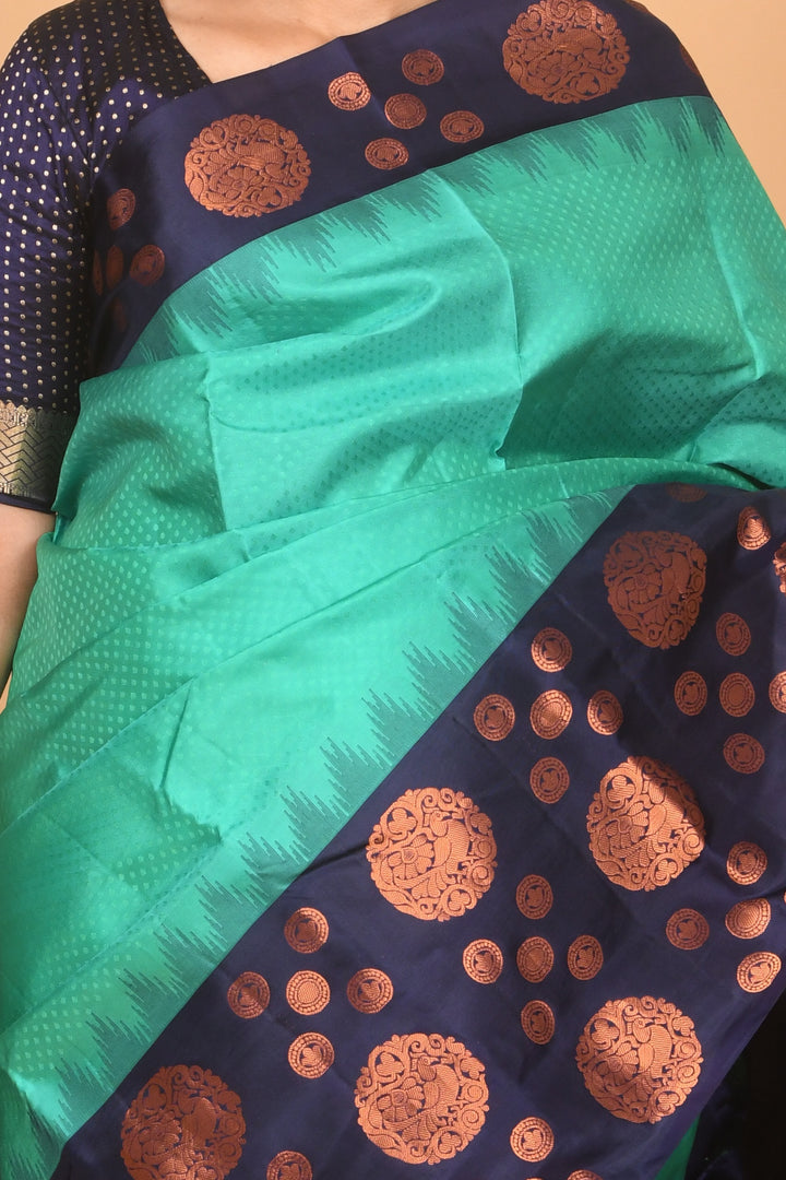 Aqua green and navyblue designer silk saree