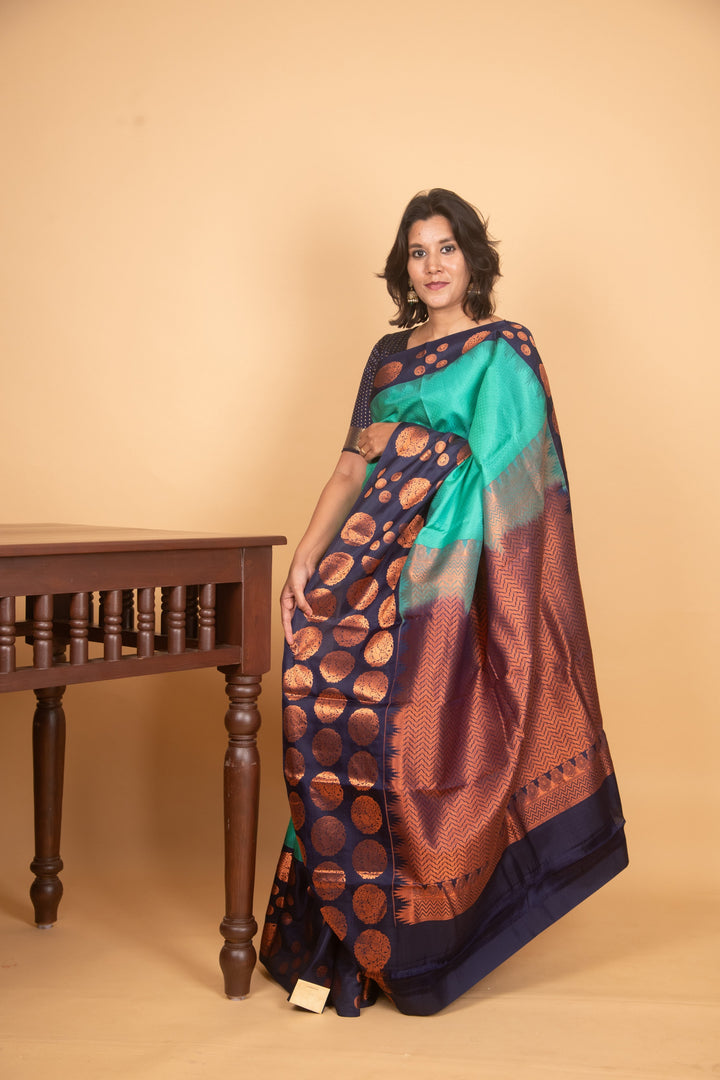 Aqua green and navyblue designer silk saree