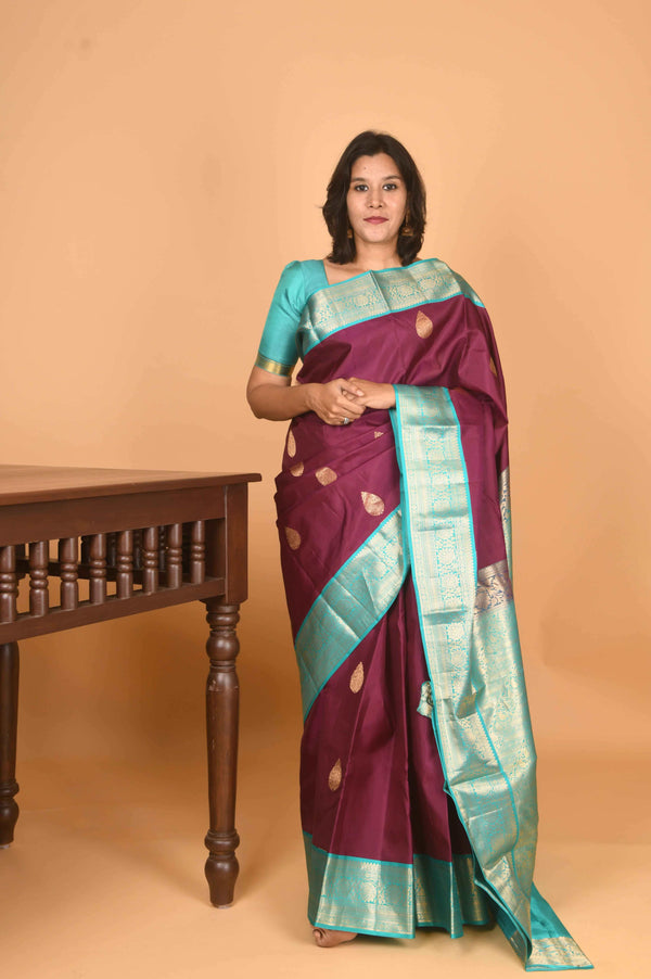 Byzantine purple and turquoise korvai pure kanchi silk saree