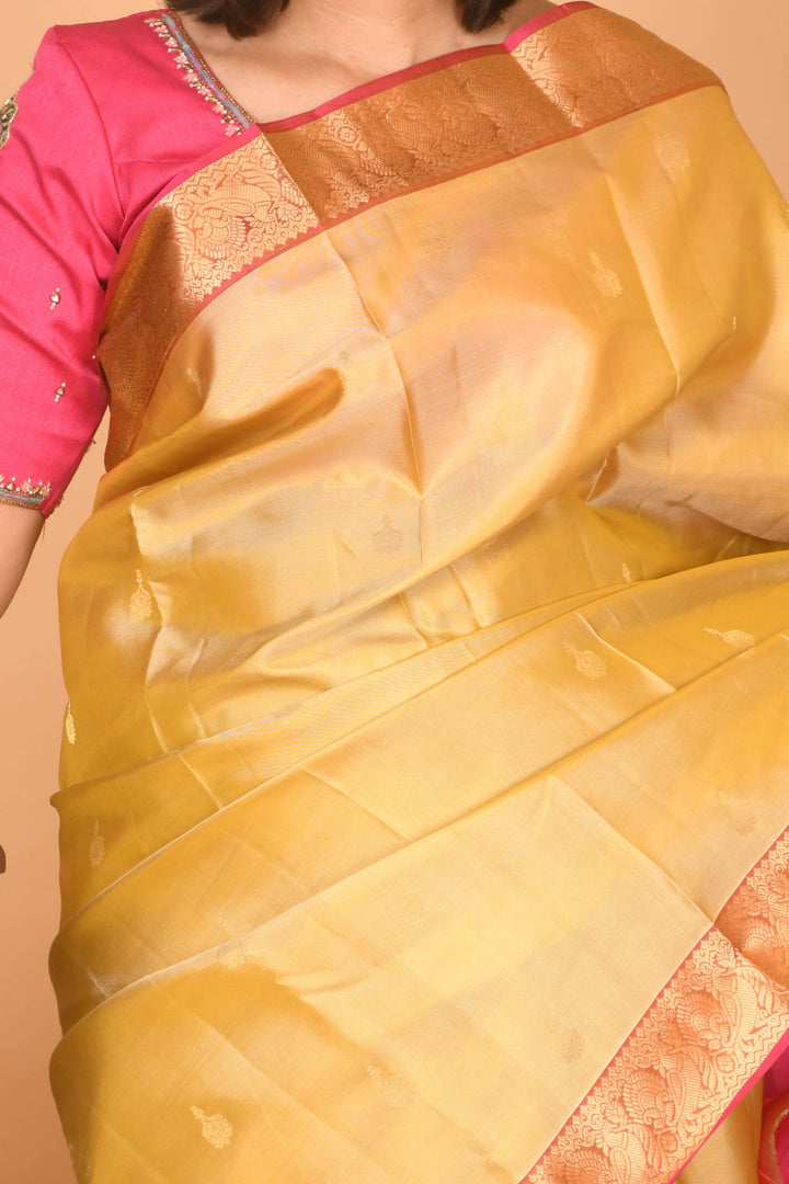 Golden beige and pink pattu saree