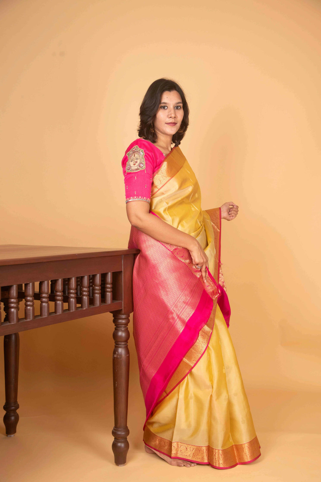 Golden beige and pink pattu saree