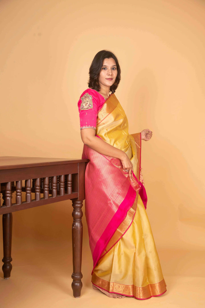 Golden beige and pink pattu saree