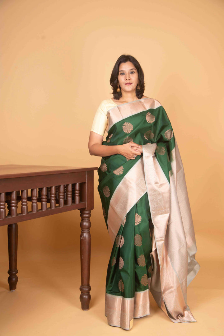 Pine green and sage green pure silk saree