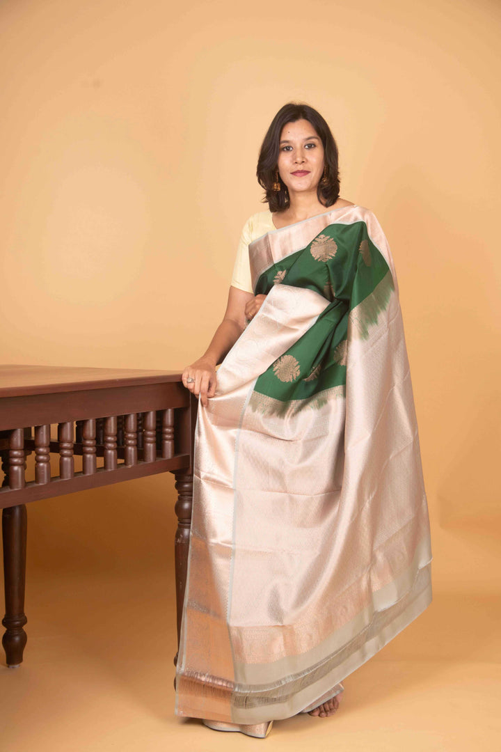 Pine green and sage green pure silk saree