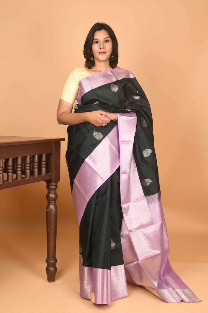 British racing green with lavender silk saree