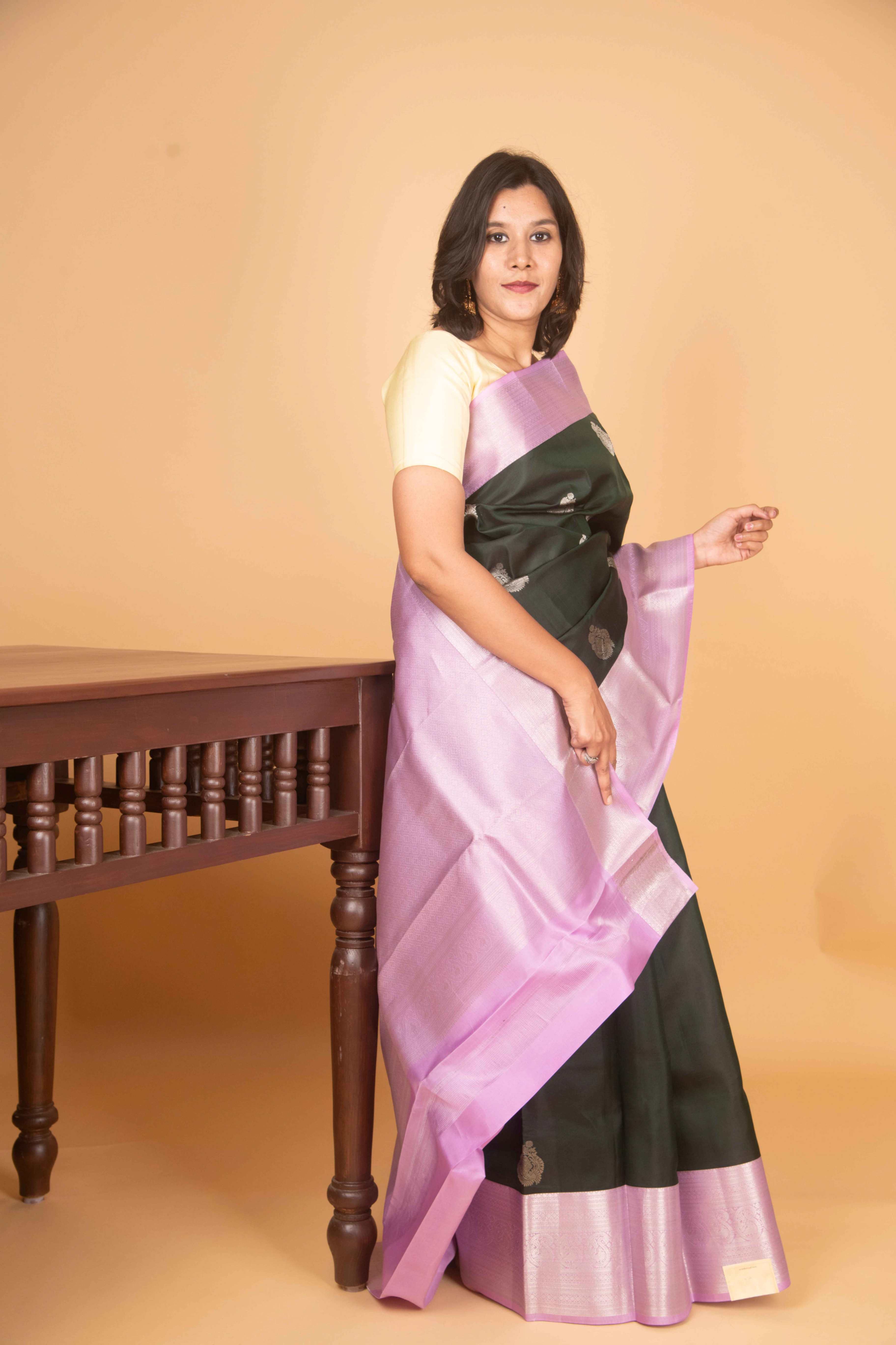 British racing green with lavender silk saree
