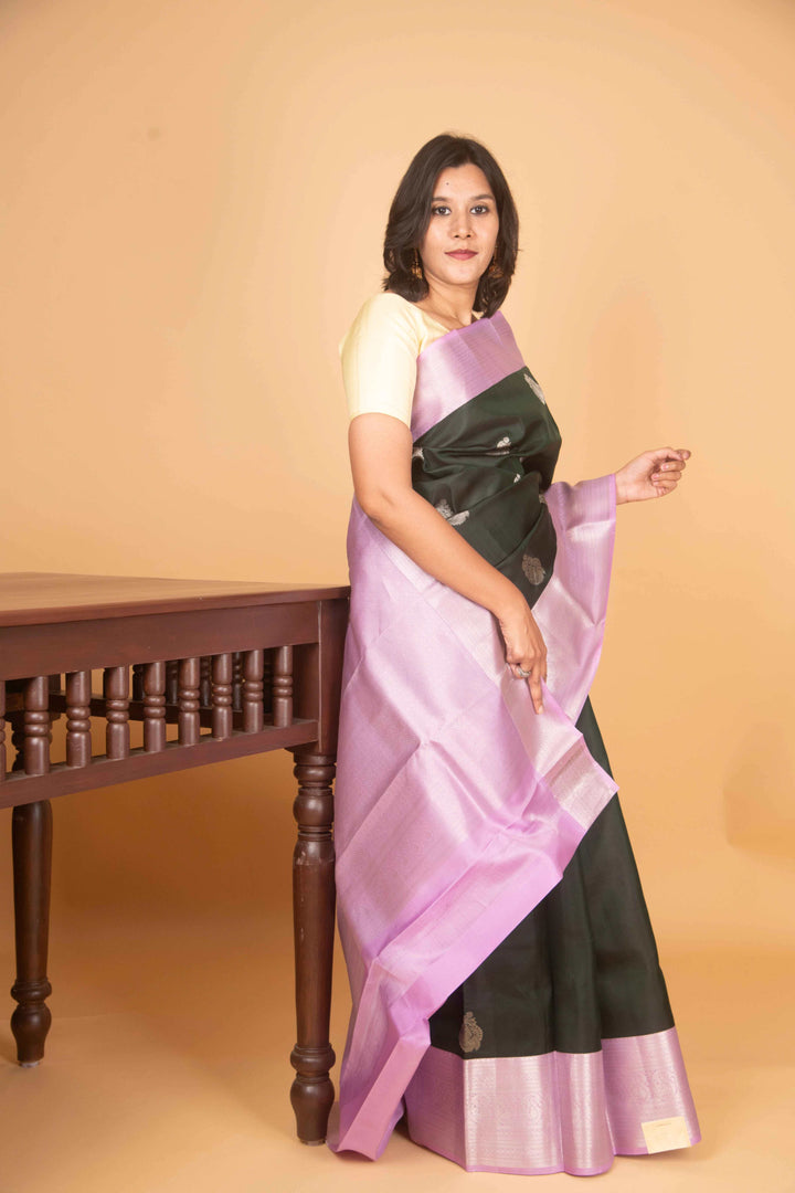 British racing green with lavender silk saree