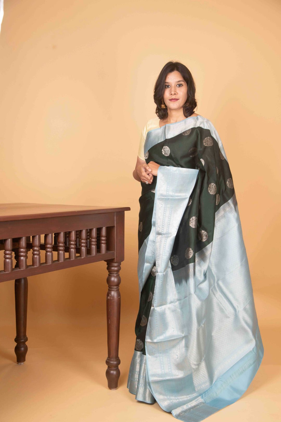 Bottle green and iceblue kanjivaram silk saree