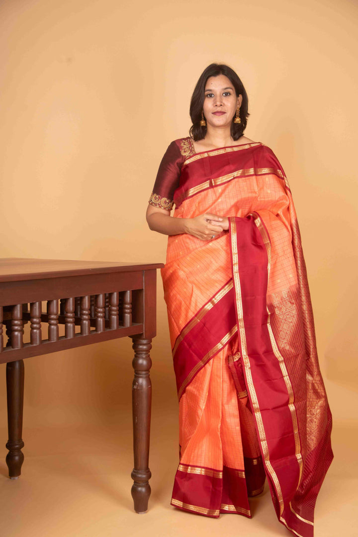 Coral orange and blood red retta pettu pure silk saree