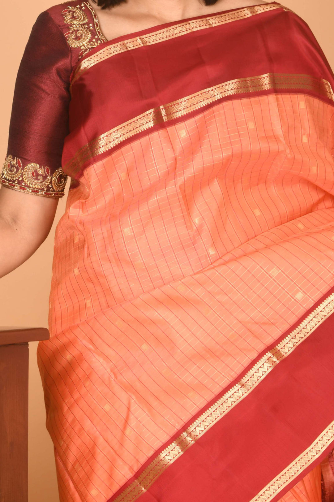Coral orange and blood red retta pettu pure silk saree