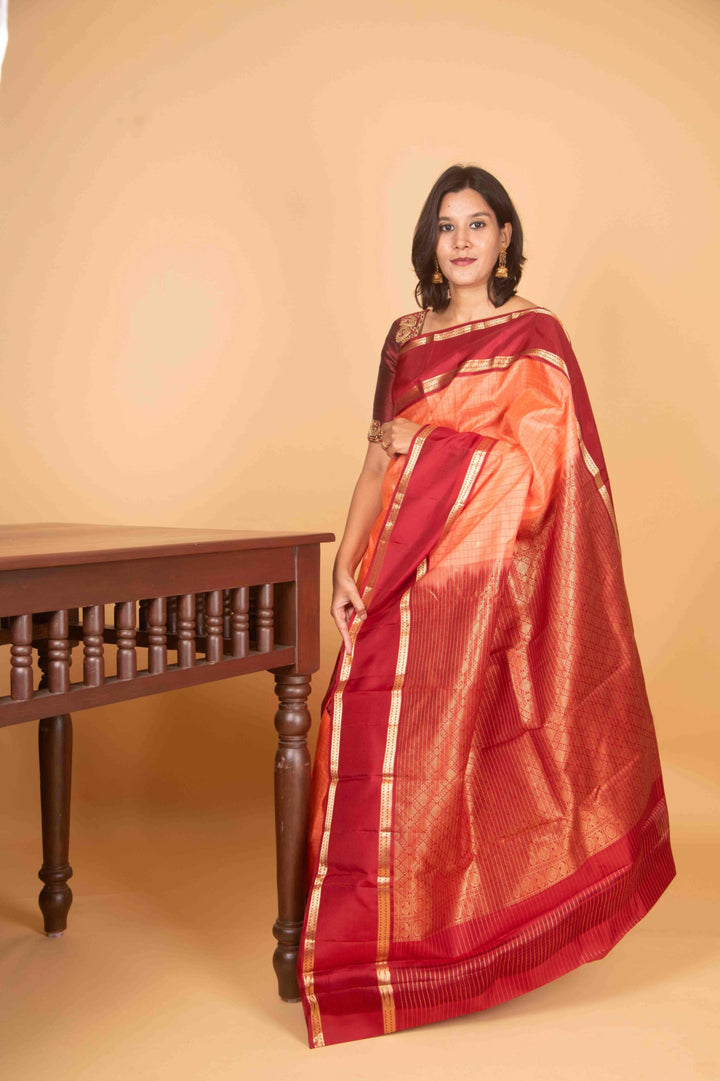 Coral orange and blood red retta pettu pure silk saree