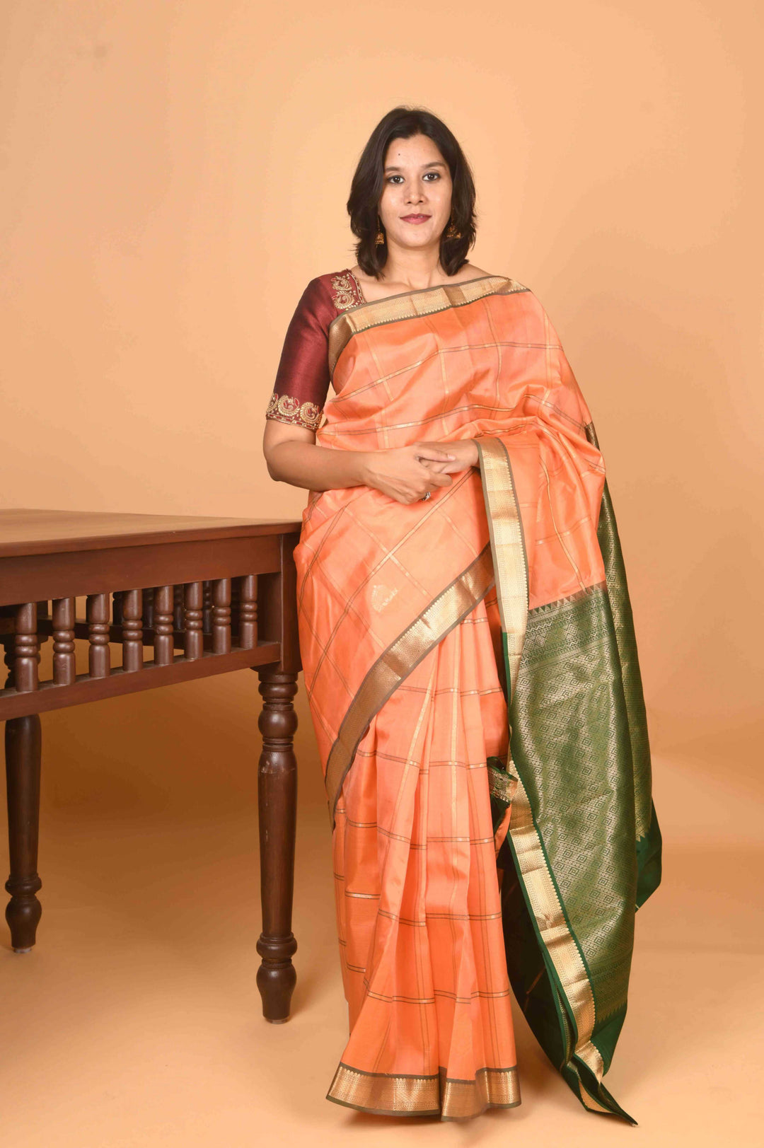 Peach and green kattam kanjivaram silk saree