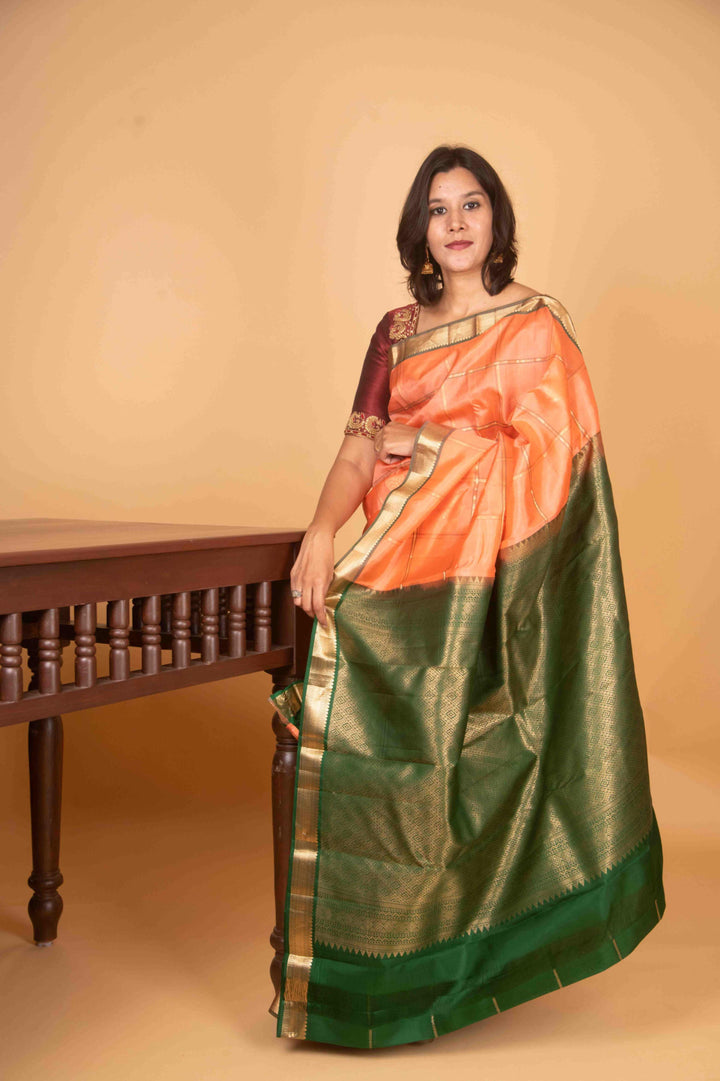 Peach and green kattam kanjivaram silk saree