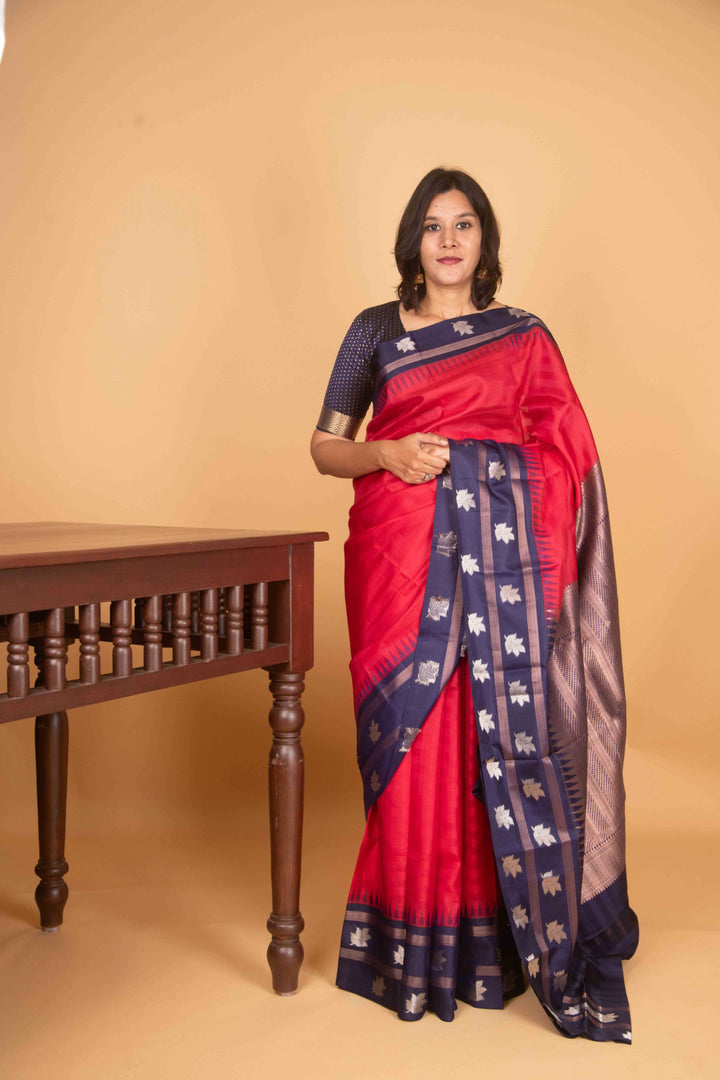 Raspberry pink and navyblue korvai silk saree