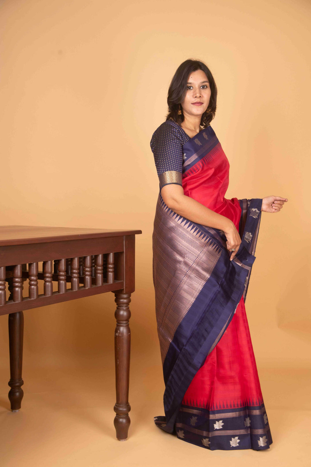 Raspberry pink and navyblue korvai silk saree