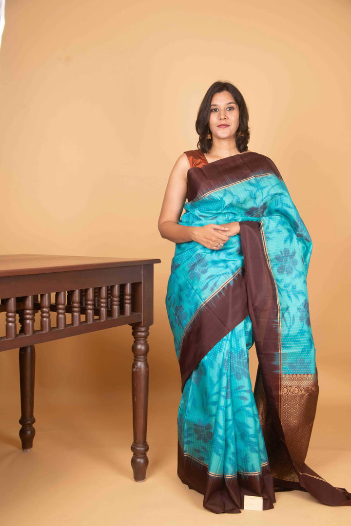 Aquablue and brown pure silk saree