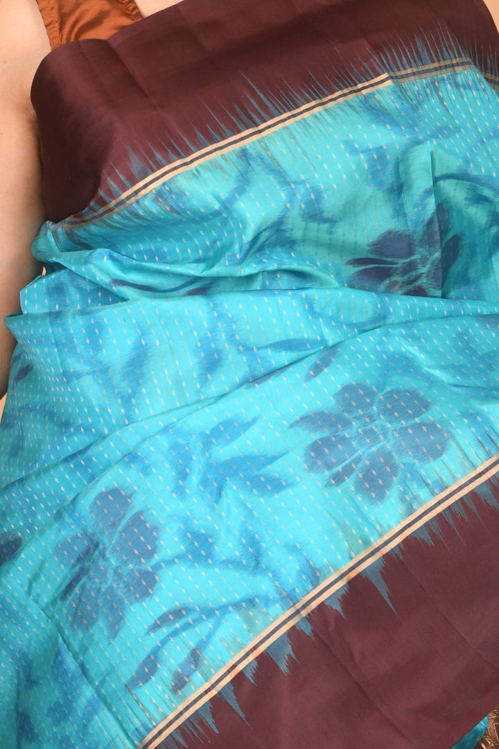 Aquablue and brown pure silk saree
