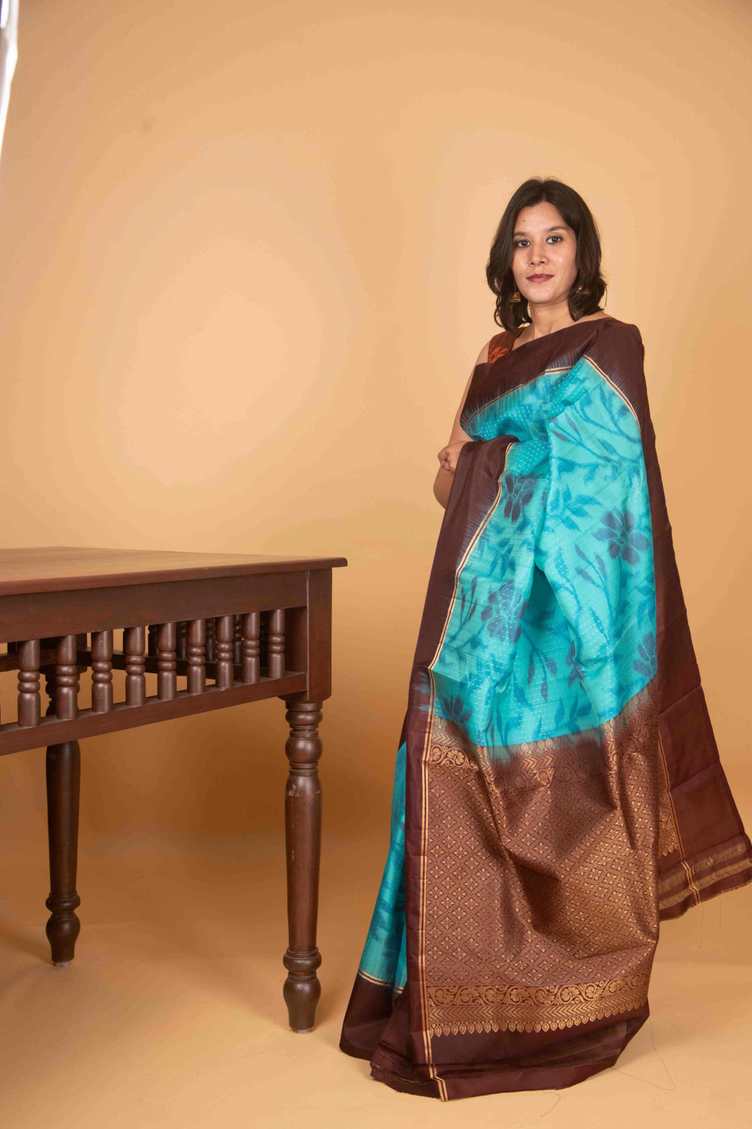 Aquablue and brown pure silk saree