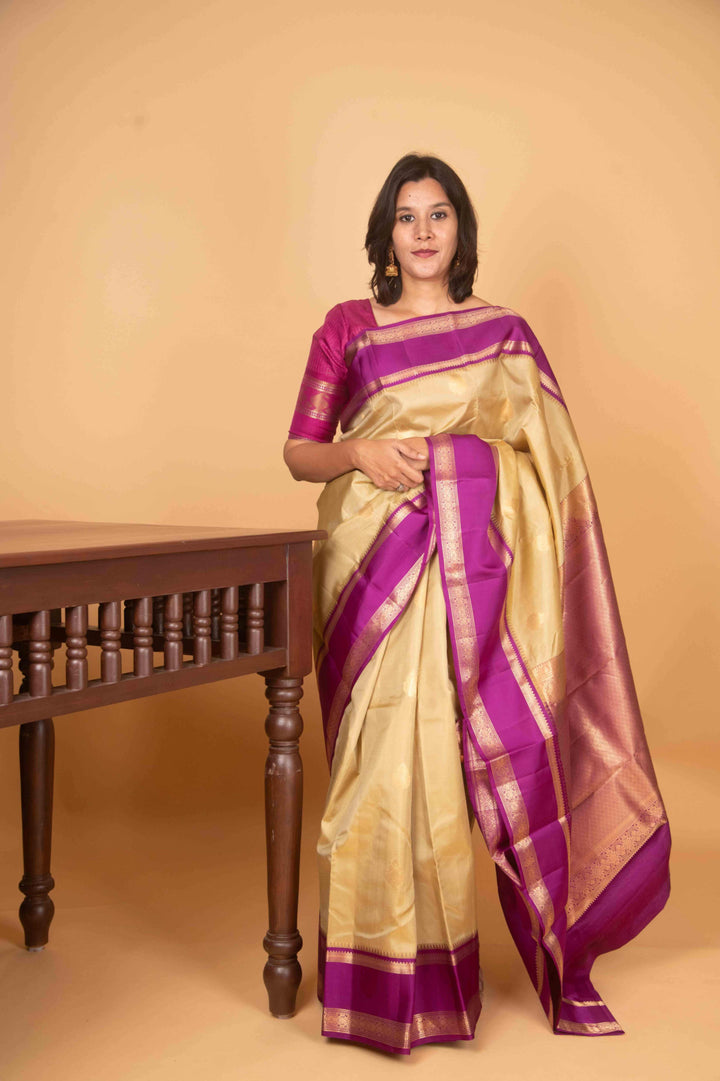 Elachi green and purple retta pettu pure silk saree