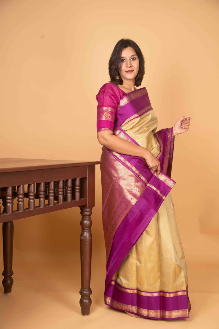 Elachi green and purple retta pettu pure silk saree