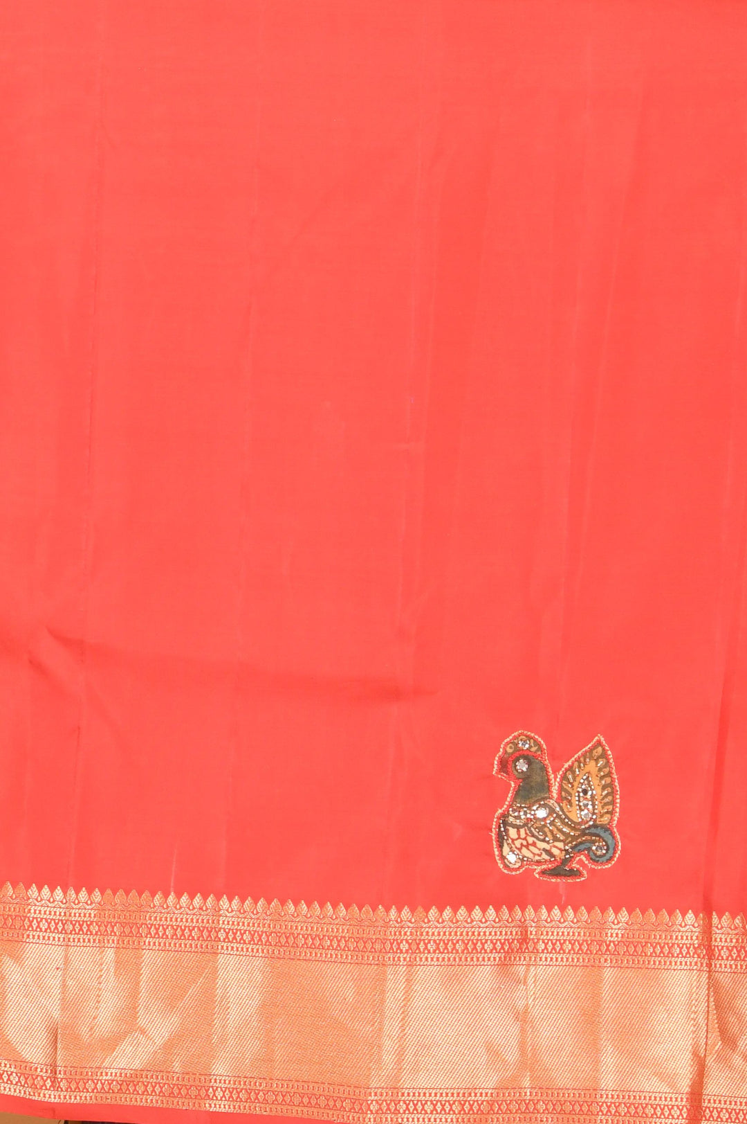 Yellow and red kalamkari embellished pure kanchi silk saree