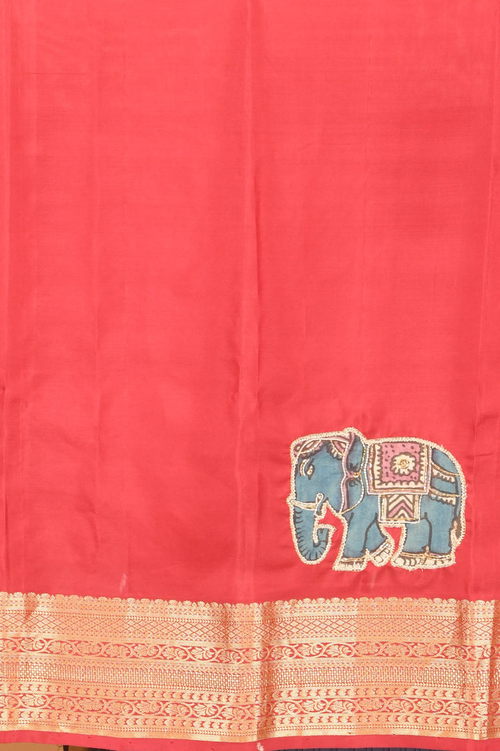 Offwhite and red kalamkari embellished pure kanchi silk saree