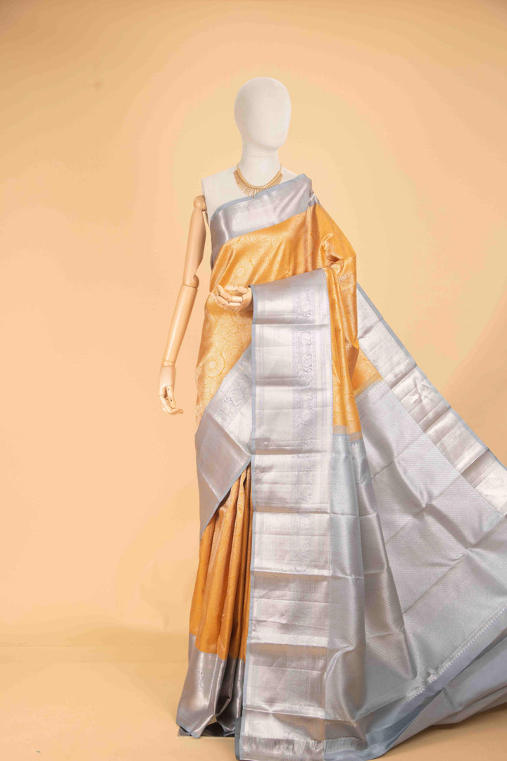 Royal yellow and grey designer kanjivaram silk saree
