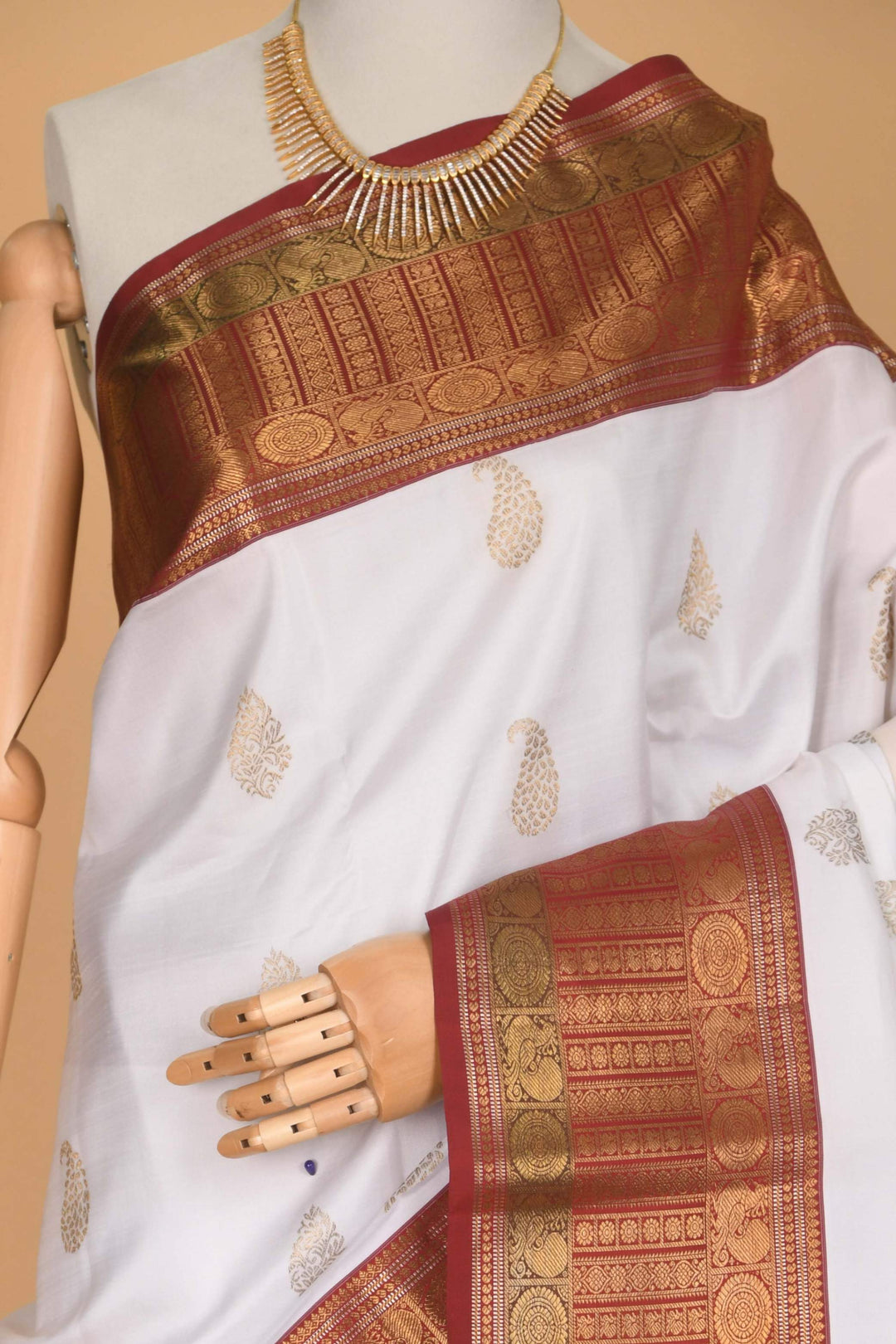 Pearl white and red pure zari silk saree