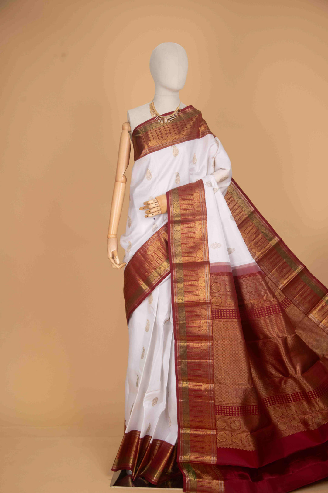 Pearl white and red pure zari silk saree