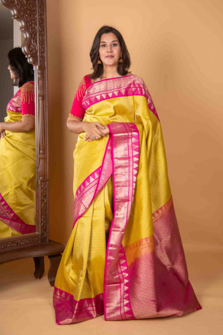 Lime green and pink brocade silk saree