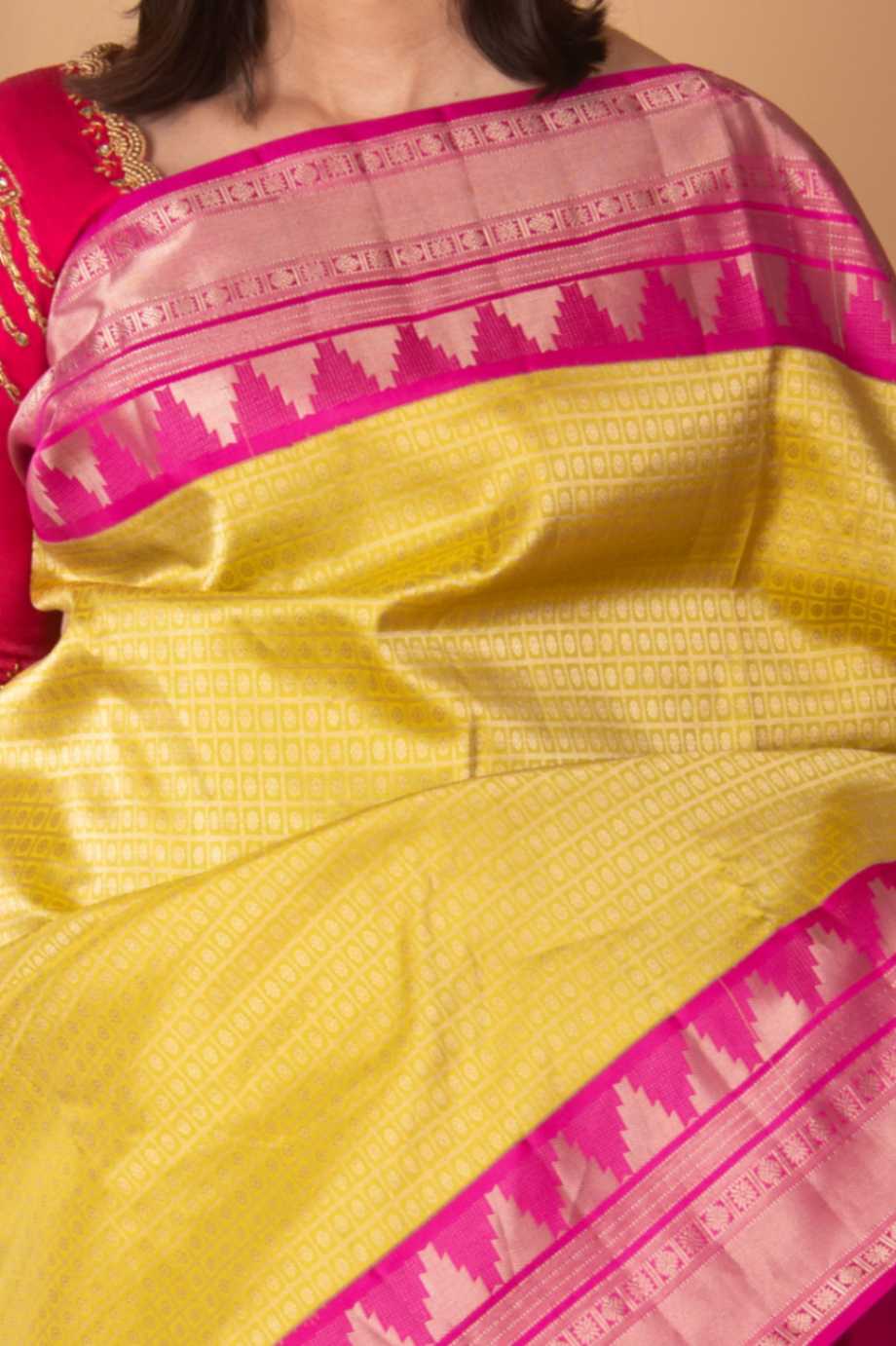 Lime green and pink brocade silk saree