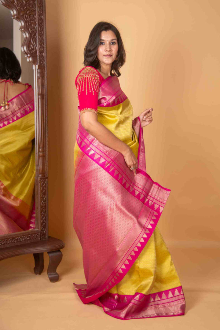 Lime green and pink brocade silk saree
