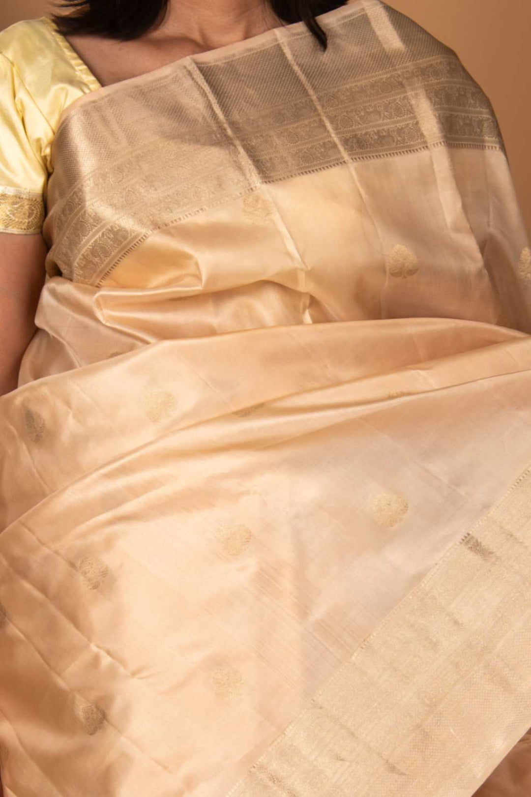Porcelain white pure kanchi silk saree