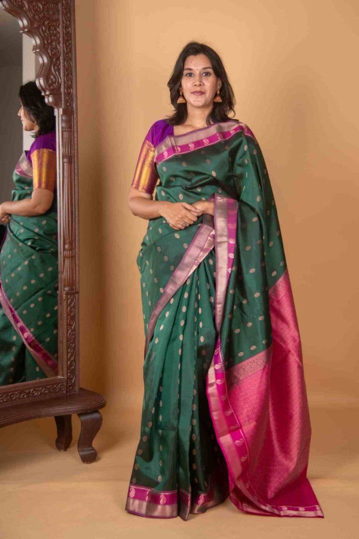 British racing green pure silk saree