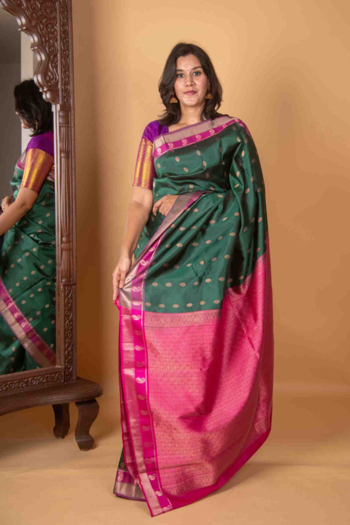 British racing green pure silk saree