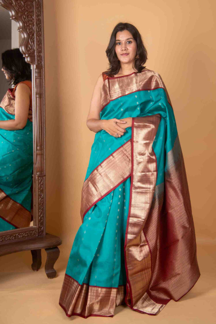 Cerulean blue korvai silk saree