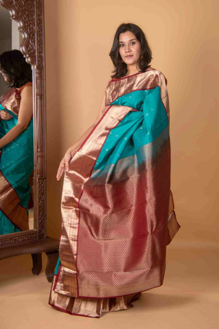 Cerulean blue korvai silk saree
