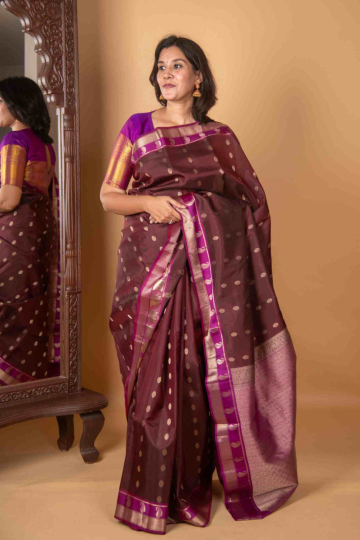Deep chestnut brown and pink silk saree