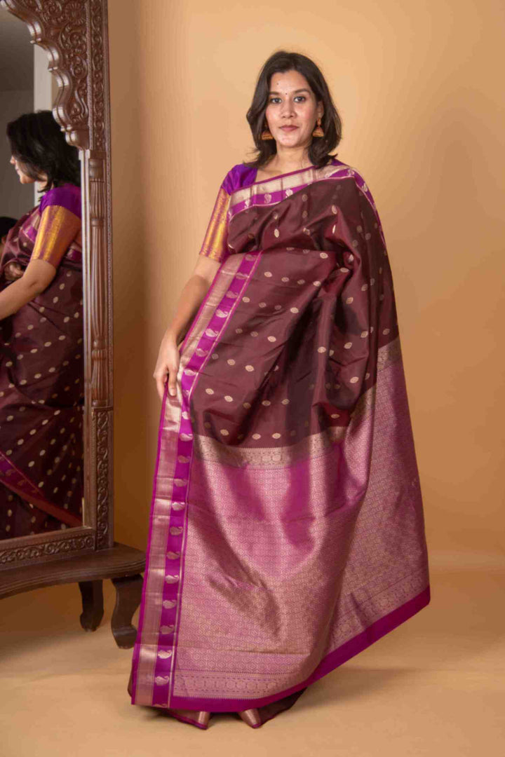 Deep chestnut brown and pink silk saree