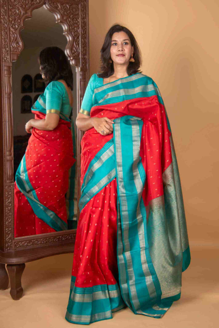 Rose red and teal pure silk saree
