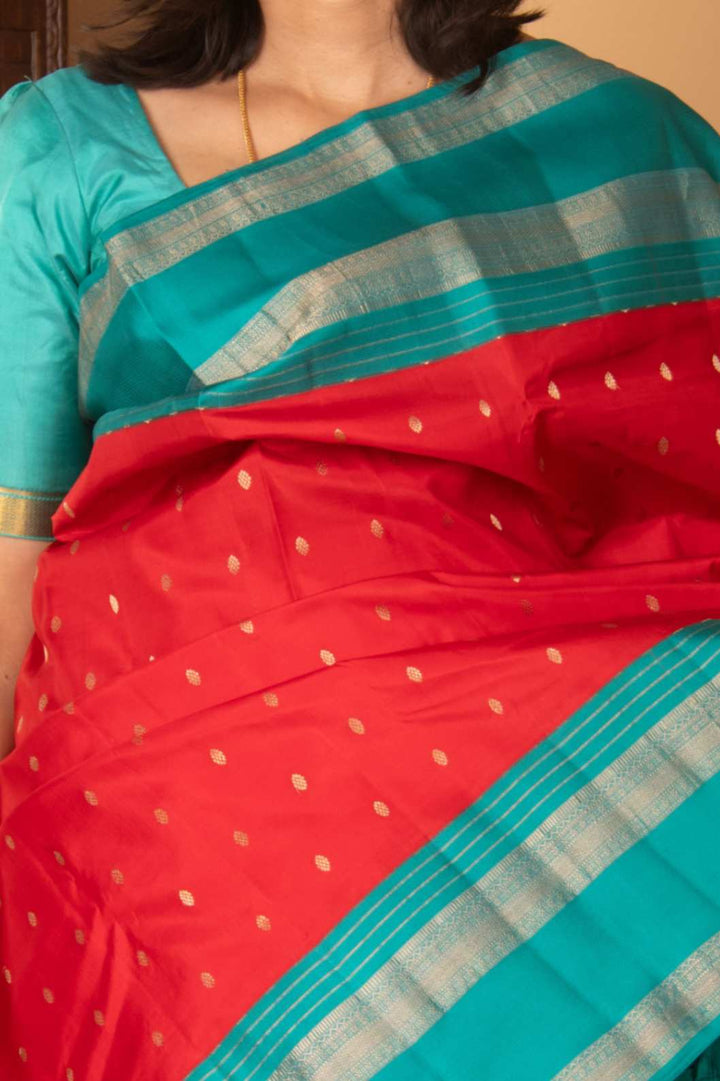 Rose red and teal pure silk saree