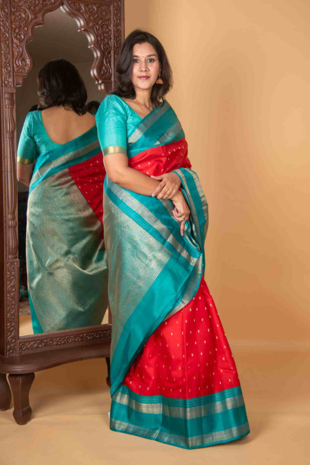 Rose red and teal pure silk saree