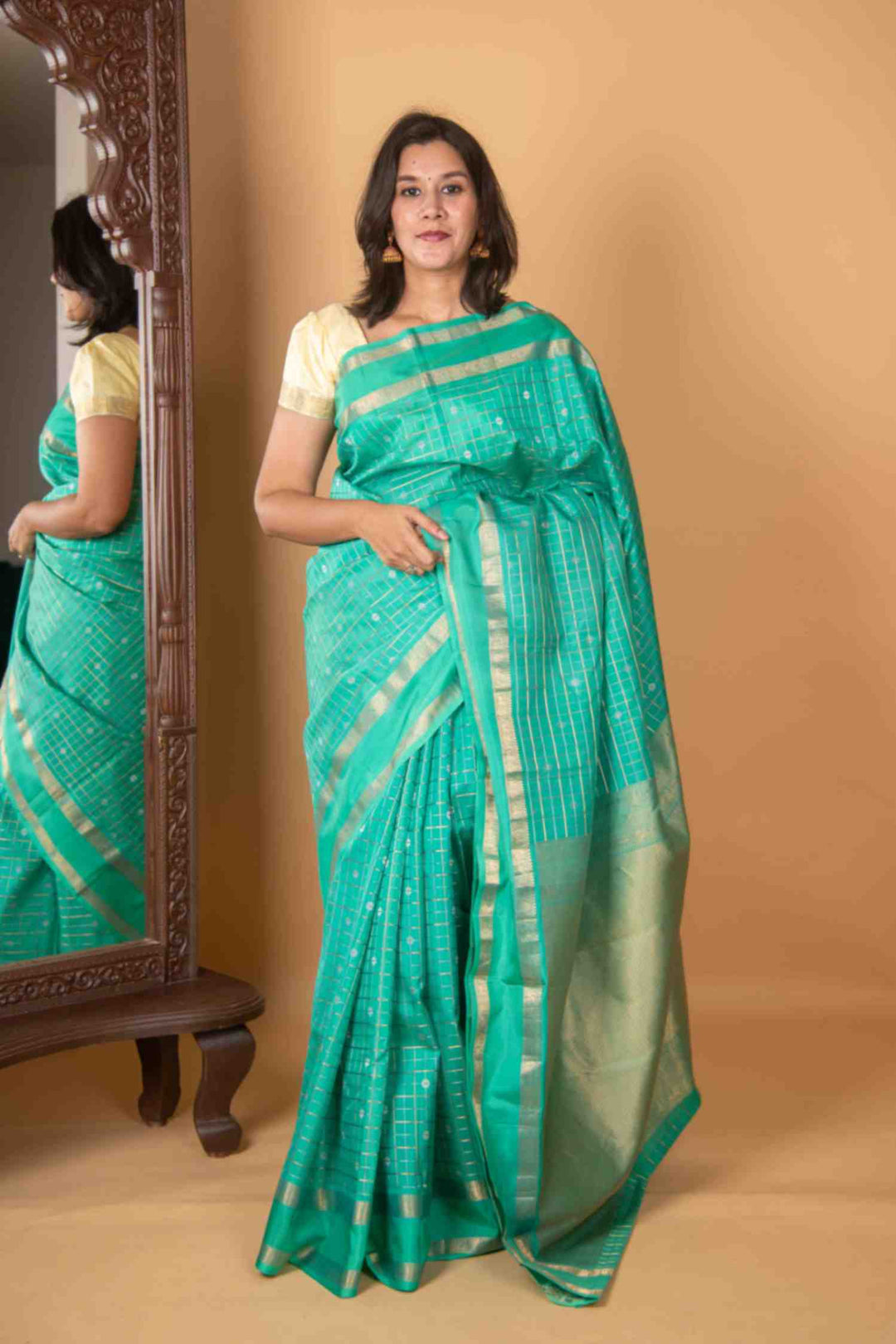 Aqua green zari kattam silk saree