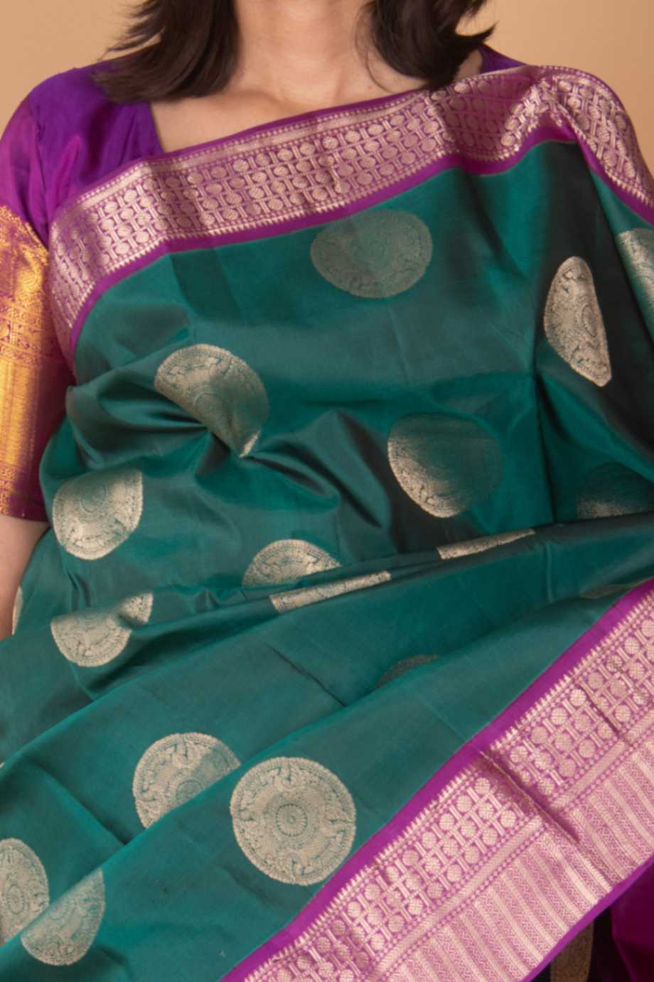 Pine green and magenta silk saree