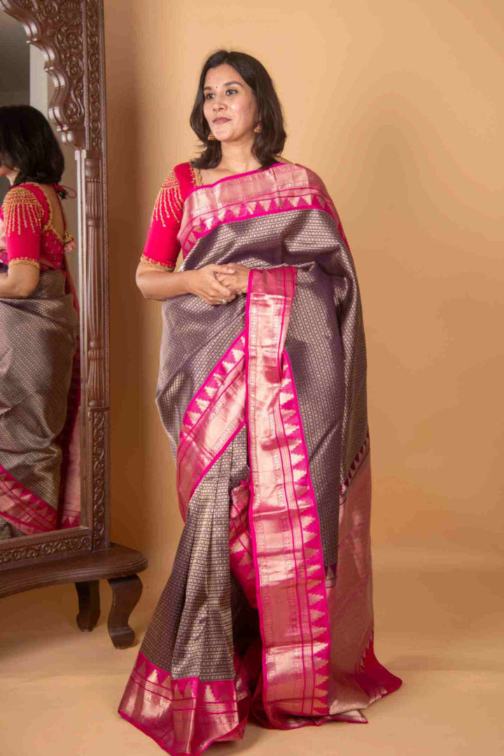 Purple and pink brocade silk saree